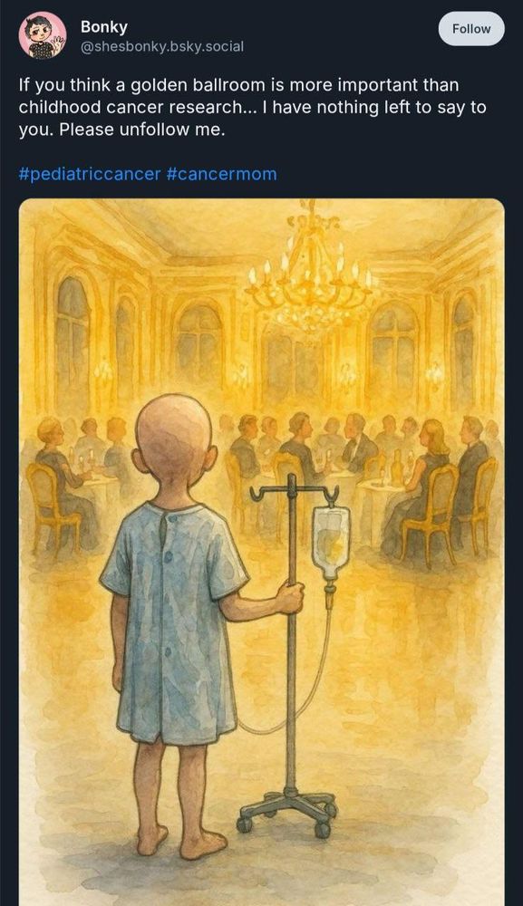 A child wheeling an IV stand entering a golden room filled with rich people