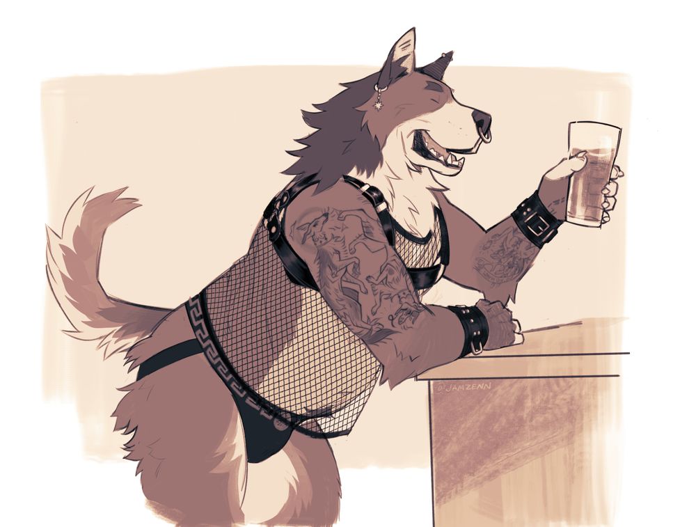 Sketchy monochrome illustration of an anthropomorphic dog. The dog is wearing leather accessories such as a harness and wrist wraps, a mesh shirt and a black jockstrap. It also has tattoos and piercings. The dog is leaning on a table/bar with a beer in hand, smiling and looking happy and relaxed.