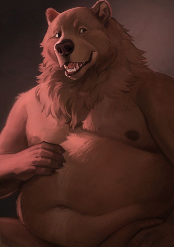 An illustration of an anthropomorphic bear from waist up. The bear is lit up in a pinkish light, with the background being dark with desaturated pink gradient. The bear is holding it's right front paw on it's big, soft belly. It is looking straight into the camera and smiling.