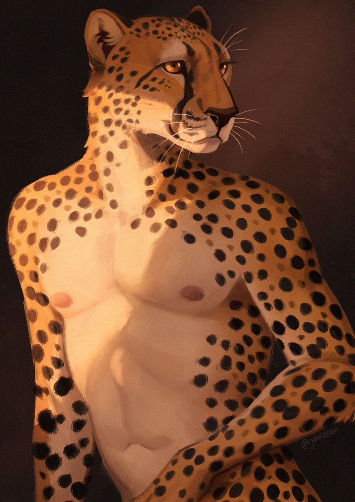 Illustration of an anthropomorphic cheetah, illuminated by a pinkish light. The cheetah is looking away from the light and the camera, gracefully posing, as if posing for a painted portrait.