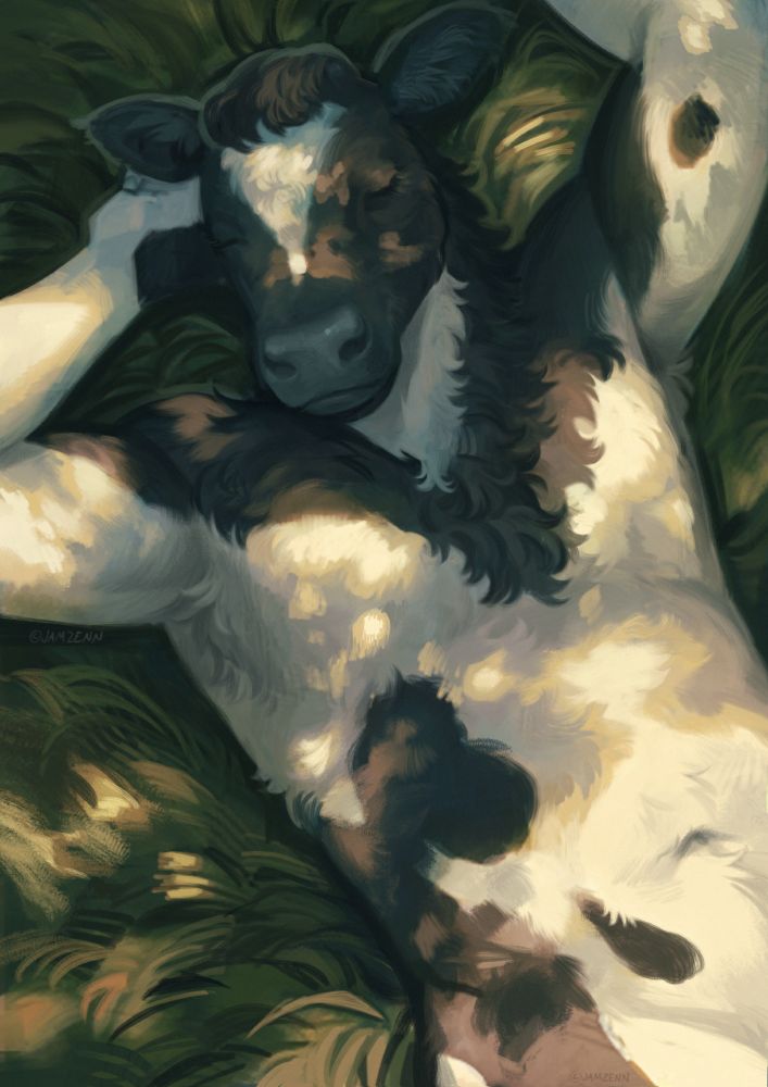 An illustrated picture of an anthropomorphic cow/bull character. He is laying on grass, with his arms up and his other hand behind his head. His eyes are closed, and he looks very relaxed. The upper half of the character is in shadow with dappled light in places, as if the character is laying under a tree.