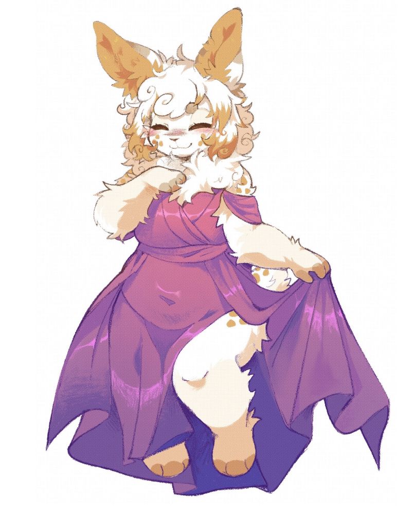 a fluffy bunny lady in a pink/purple gradient dress, eyes closed and smiling