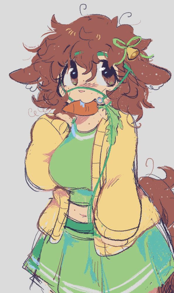umamusume sona with curly hair and tail, speckles and moles, a bell in her hair and a green and yellow outfit and carrot in her mouth 