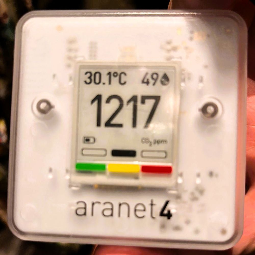 Photo of Aranet CO2 monitor showing a reading of 1217.
