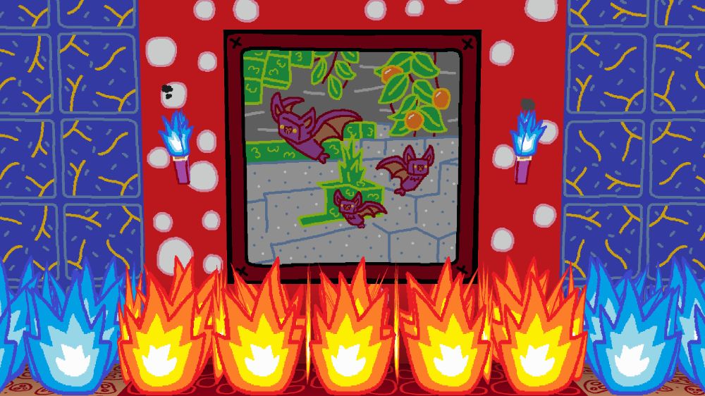 A Minecraft screenshot using the MS Painted resource pack. It features the 'Cavebirds' painting sourrounded by red mushroom blocks with soul fire torches placed on them. On either side of the mushroom blocks are lapis blocks, and below those is fire and soul fire.