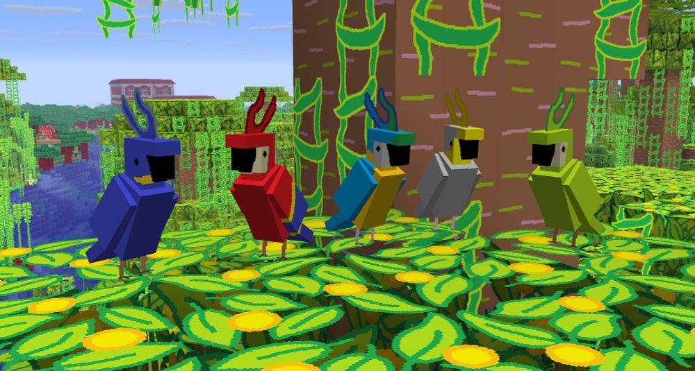Two Minecraft screenshots comparing the textures of parrots in two versions of the same resource pack. The colours of parrots decpicted from left to right is: blue, red, blue and yellow, grey, and green.