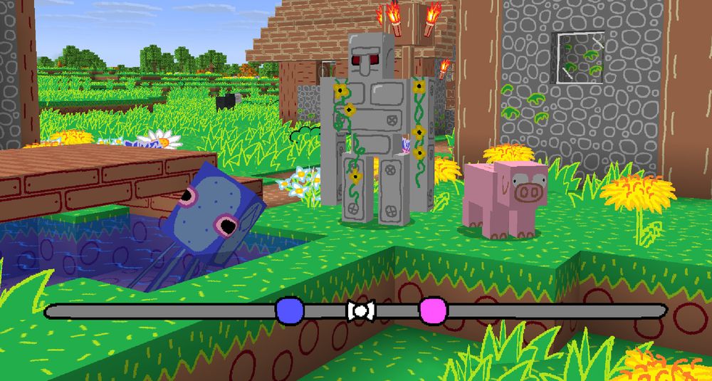 A Minecraft screenshot using the MS Painted resource pack. From left to right is a squid, an iron golem, and a pig. At the bottom of the screen is the new locator bar with 3 icons for the 3 above mobs, coloured accurately to the mobs' colours. 