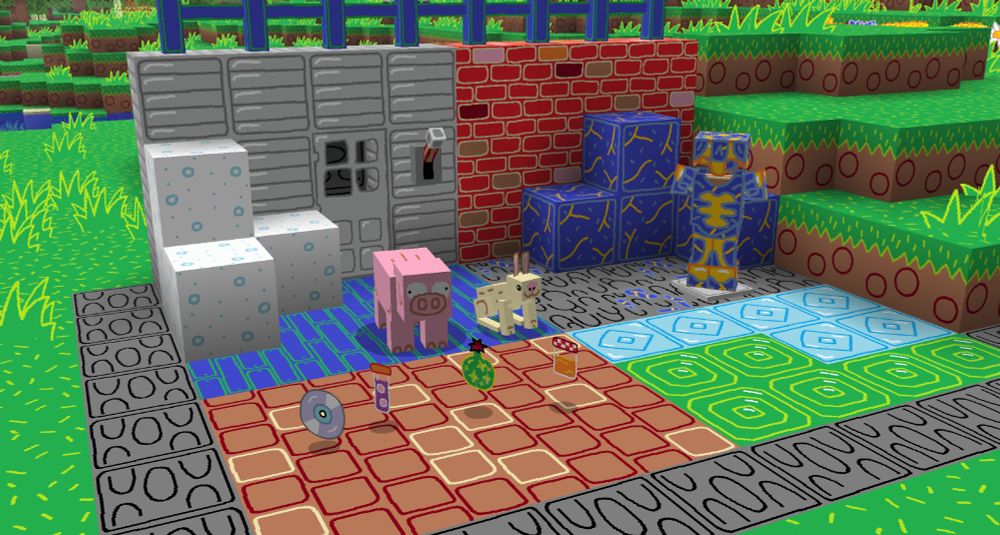 A Minecraft screenshot using the MS Painted resource pack. Depicting their new textures is iron blocks, powder snow, bricks, lapis blocks, the lapis armour trim, warped planks, mud bricks, diamond and emerald blocks, the 'Tears' music disc, dragon's breath, bottle o' enchanting, and honey bottle.