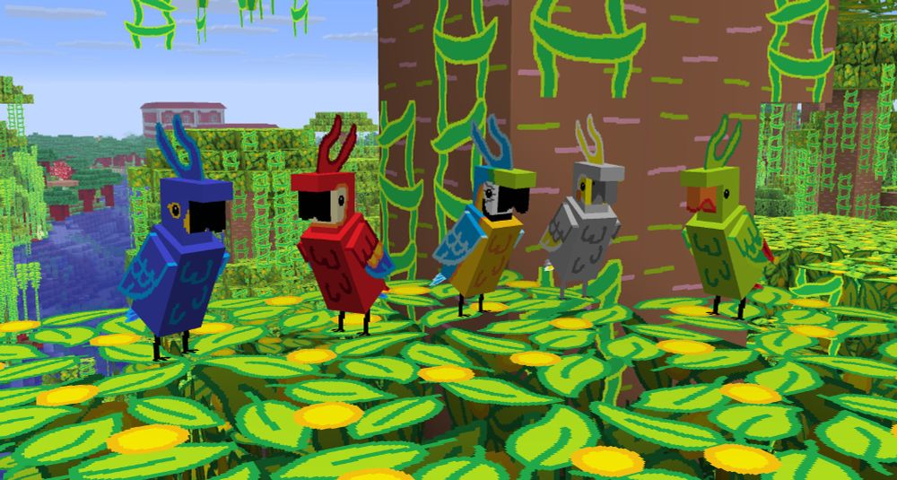 Two Minecraft screenshots comparing the textures of parrots in two versions of the same resource pack. The colours of parrots decpicted from left to right is: blue, red, blue and yellow, grey, and green.