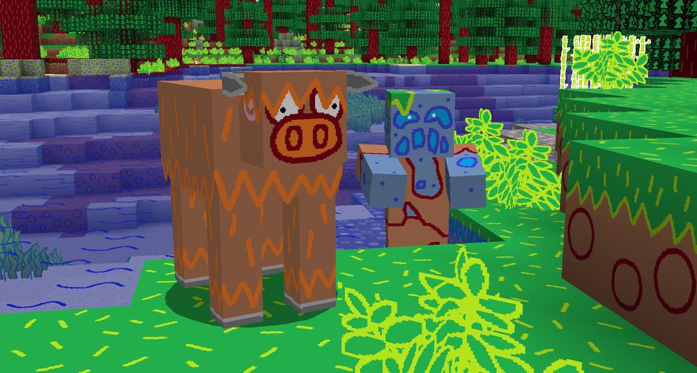 A Minecraft screenshot using the MS Painted resource pack. On the left is a cold variant cow. On the right is a drowned.