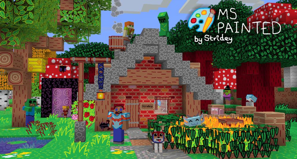 A Minecraft screenshot using the MS Painted resource pack. It depicts a small brick house with a small wheat farm protected by hedges outside. Steve stands in front of the house wearing a trimmed diamond chestplate and wielding a netherite sword. Next to him sits his dog and a happy axolotl sits on the hedges next to the dog. On the roof of the house, a creeper stalks Steve from above. Alex is sneaking up behind the creeper with a mace in-hand. To the left of the house stands a zombie under a tree. The tree houses a bee nest to which a bee flies nearby. Behind the zombie is a lit Nether portal from which a baby piglin has entered the overworld. To the right of the house a pig can be seen sitting in its pen. Behind the pig pen is a skeleton watching the aforementioned creeper on the roof. Behind the skeleton is a witch standing beneath a giant red mushroom.