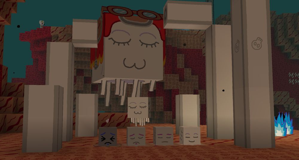 A Minecraft screenshot of a Happy Ghast looking down on her children.