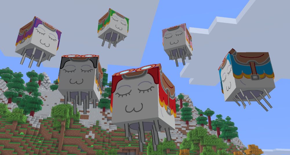 A Minecraft screenshot using the MS Painted resource pack. It showcases six Happy Ghasts wearing differently coloured harnesses.