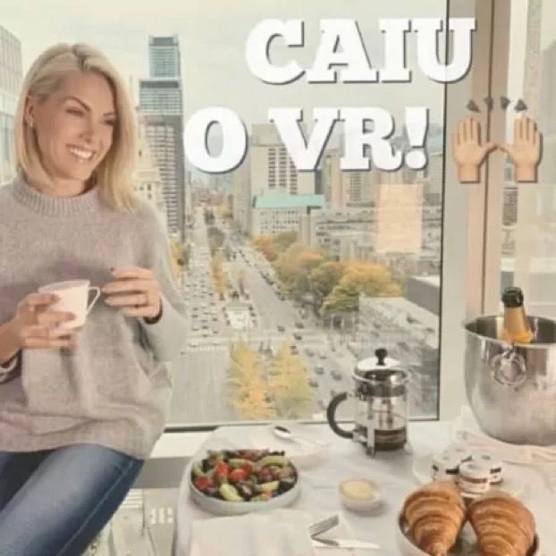 Ana Hickmann sorridente sentada à mesa posta com vista para uma avenida e a legenda “caiu o VR!”