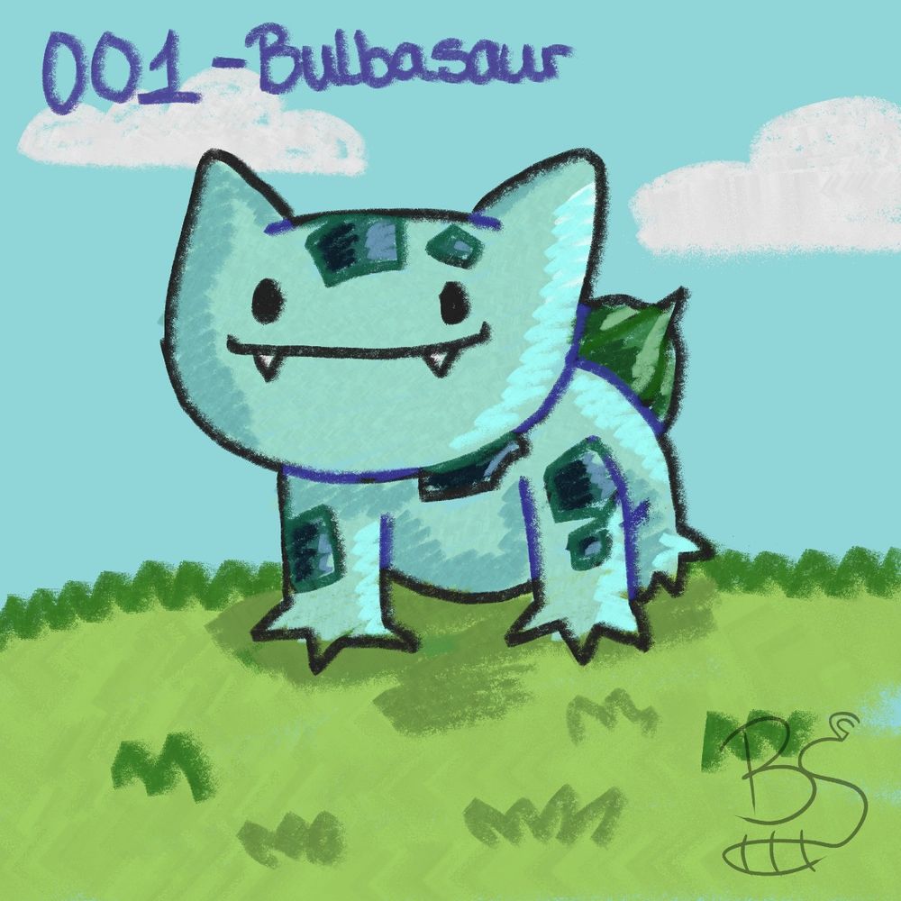 The pokemon bulbasaur drawn using a crayon-like style, he's looking at the camera with a goofy smile on his face and two fangs near the ends. On the top it says 001 - Bulbasaur as Bulbasaur is the first pokemon in the pokedex