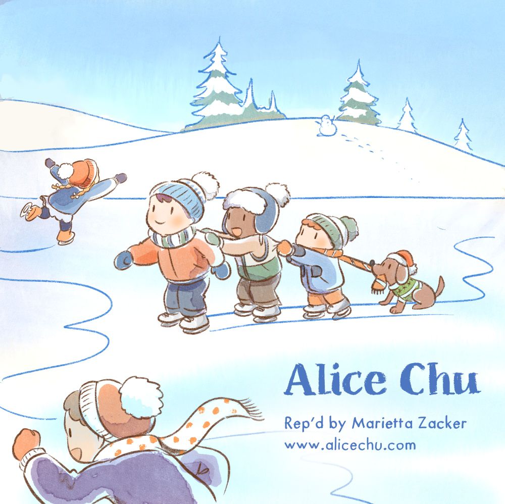 Children ice-skating outside in a congo line.