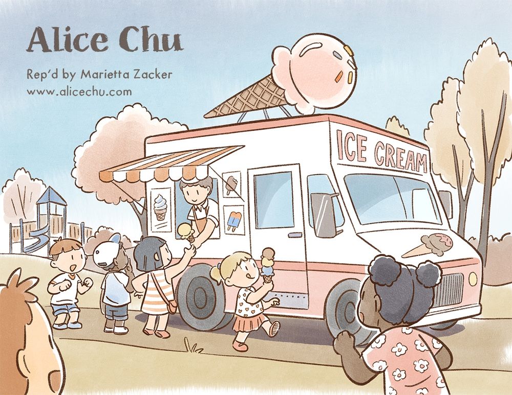 Illustration of children surrounding an ice cream truck