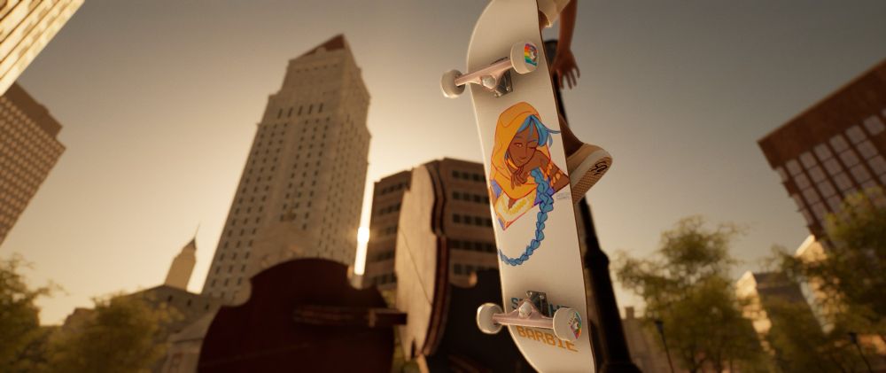 A screenshot from the game Session: Skate Sim. A zoomed-in skateboard deck is focused in the foreground with a blurry city skyline in the background.