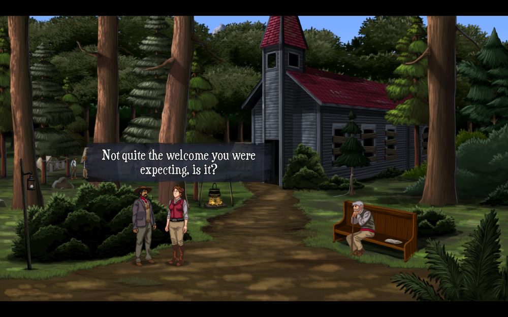 Harley and Phil stand outside an abandoned church in the forest. An old man sits on a pew to the right. Harley says “Not quite the welcome you were expecting, is it?”