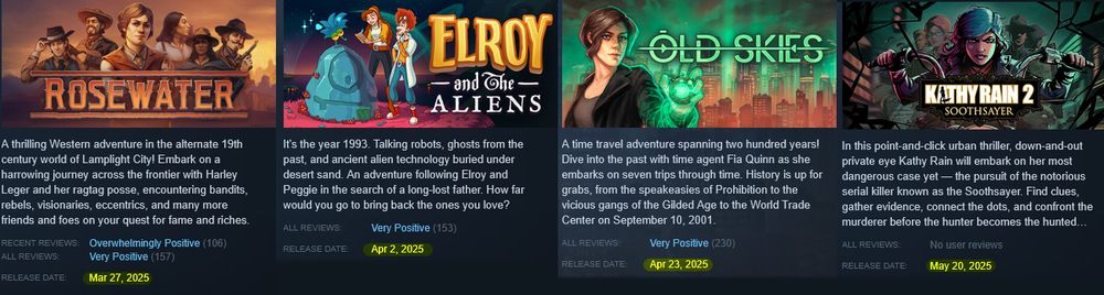 Screenshot showing four recent adventure game releases:
Rosewater released March 27, 2025
Elroy and the Aliens released April 2, 2025
Old Skies released April 23, 2025
Kathy Rain 2 releasing May 20, 2025