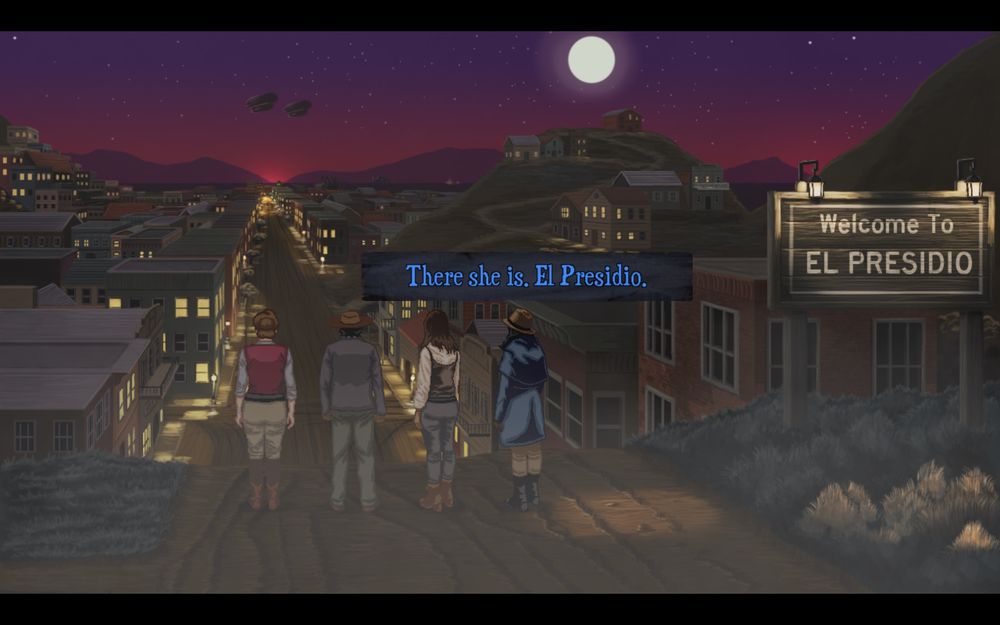 Harley, Phil, Nadine, and Lola stand on a hill overlooking a foggy city. A sign to the right says “Welcome to El Presidio.” Lola says “There she is. El Presidio.”