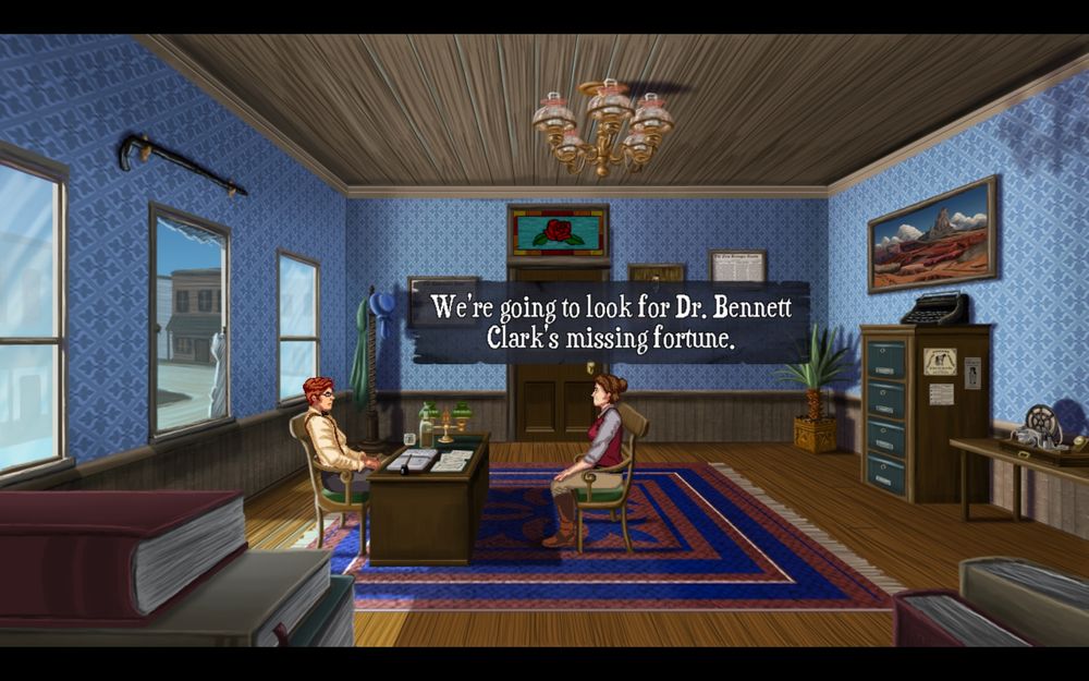 Harley sits in an office. She is telling the person behind the desk, “We’re going to look for Dr. Bennett Clark’s missing fortune.”