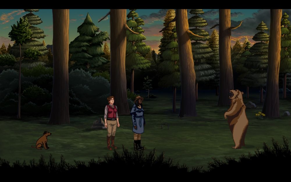 Harley, Lola, and a dog are standing in a forest at dusk. A bear is standing on its hind legs and roaring. Harley looks angry and Lola looks surprised.