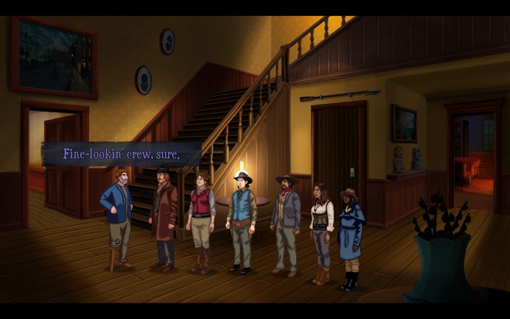 The group are gathered inside the foyer of a large farmhouse. A man with a peg leg says “Fine-lookin’ crew, sure.”