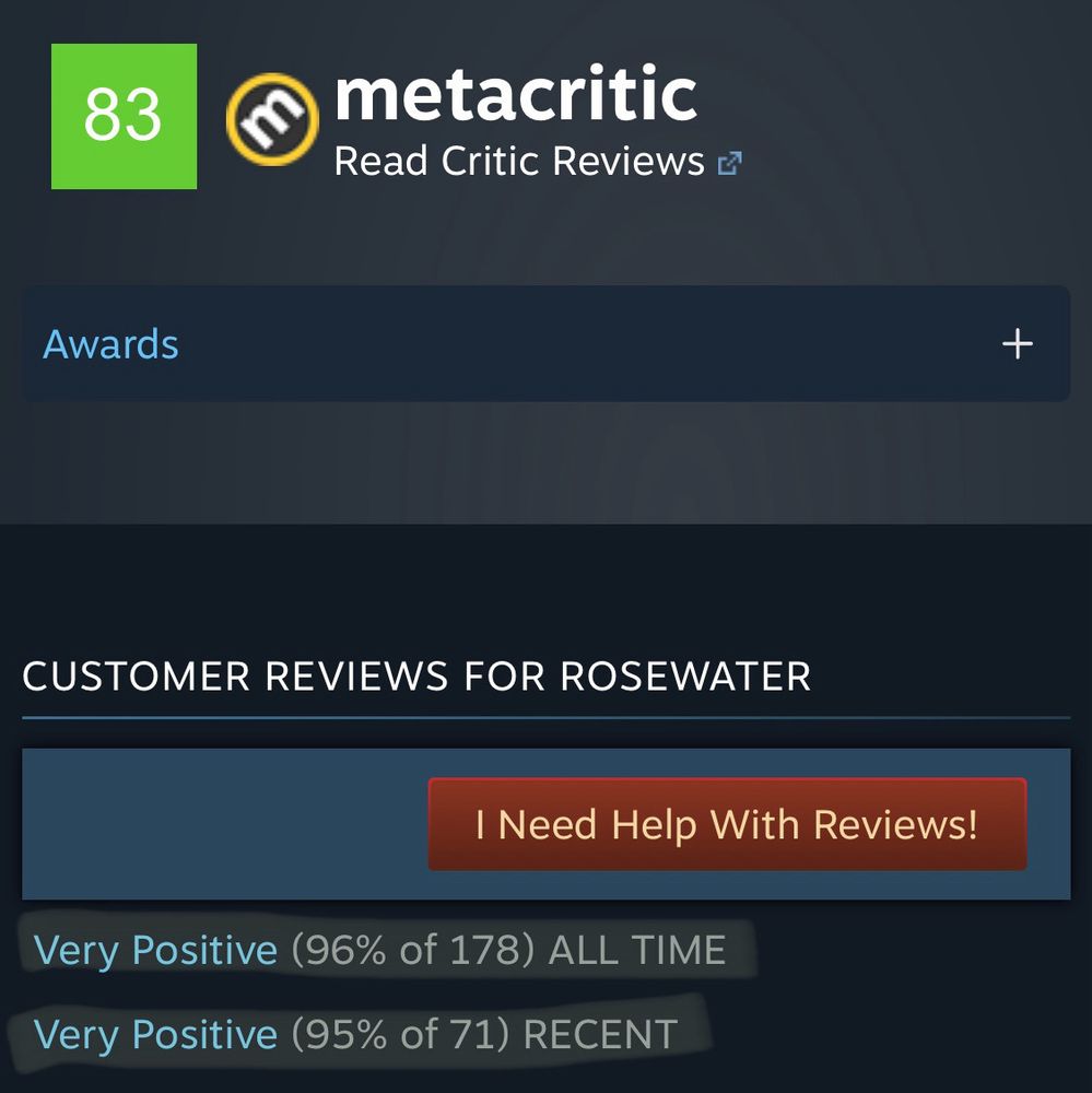 Steam page showing Rosewater’s Metacritic score of 83 and 96% positive user reviews