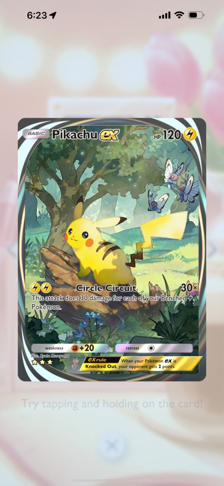 The immersive-rarity Pikachu “ex” card from Pokémon TCG Pocket. Art by Ryota Murayama. Pikachu poses atop a log in a vibrant forest, while several Butterfree fly in the background.