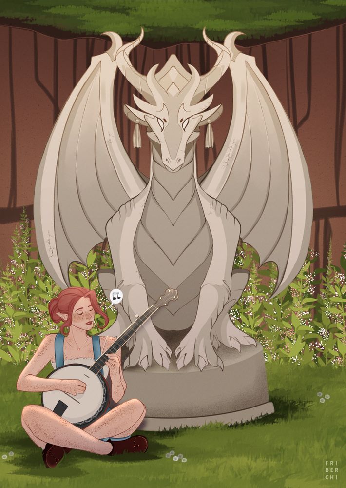An elf woman plays a banjo near a dragon statue. With her legs corssed on the grass, she has rosewood hair and many freckles, wearing a short denim overalls with a white blouse and brown shoes.