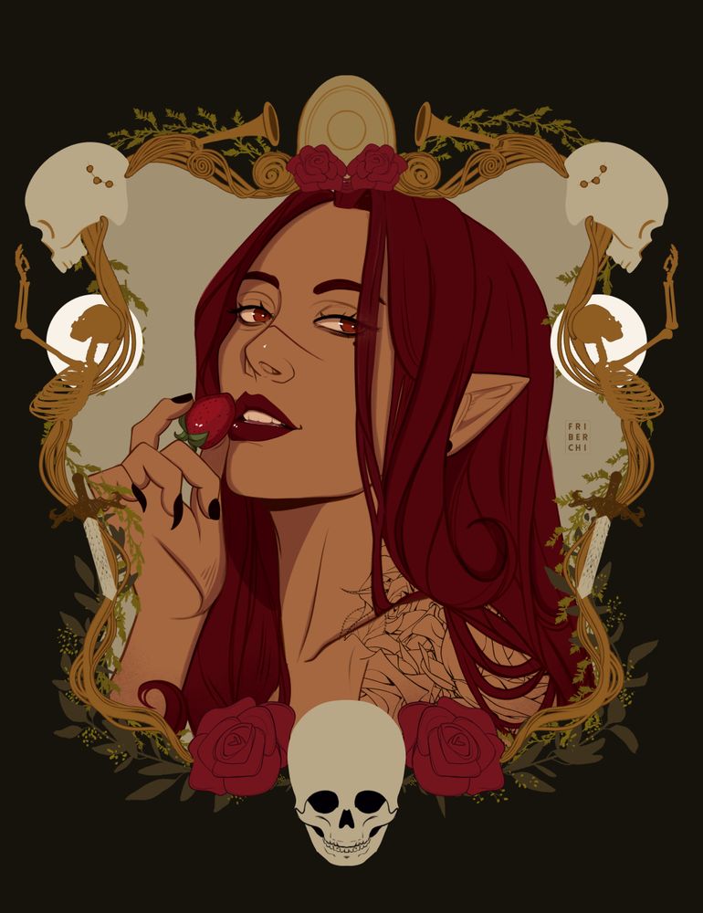 Portrait of a woman of strong red hair with a strawberry near her mouth. She's surrounded by a golden frame made of skull and roses.