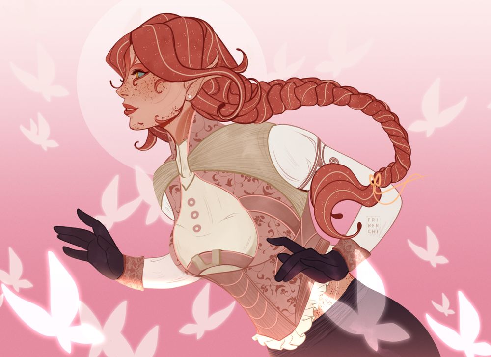 A peach-skin sylvari wearing fancy mage armor in pastel colors is shown from waist-up surrounded by luminous butterflies. Her long hair is braided and flows freely.