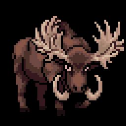 Pixel art of a moose, pawing at the ground. This one is looking at the viewer and sporting elephant-like tusks.