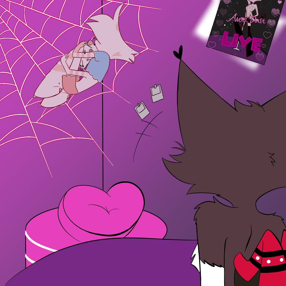 Angel sulked and got off the bed and went to the wall.
Husk laughs and says “Hey, come on!”
