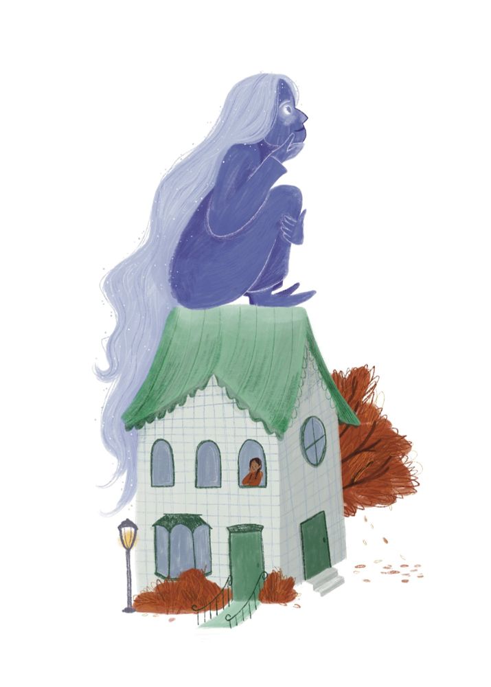 Spot illustration, no background. Side profile of a giant glowing woman sitting on top of a small green townhouse, looking up to the sky. The house has a warmly lit lantern outside and fall foliage on the trees and bushes surrounding it. The only person seen inside the house is a young girl, pondering from her window with a look of dissatisfaction on her face.