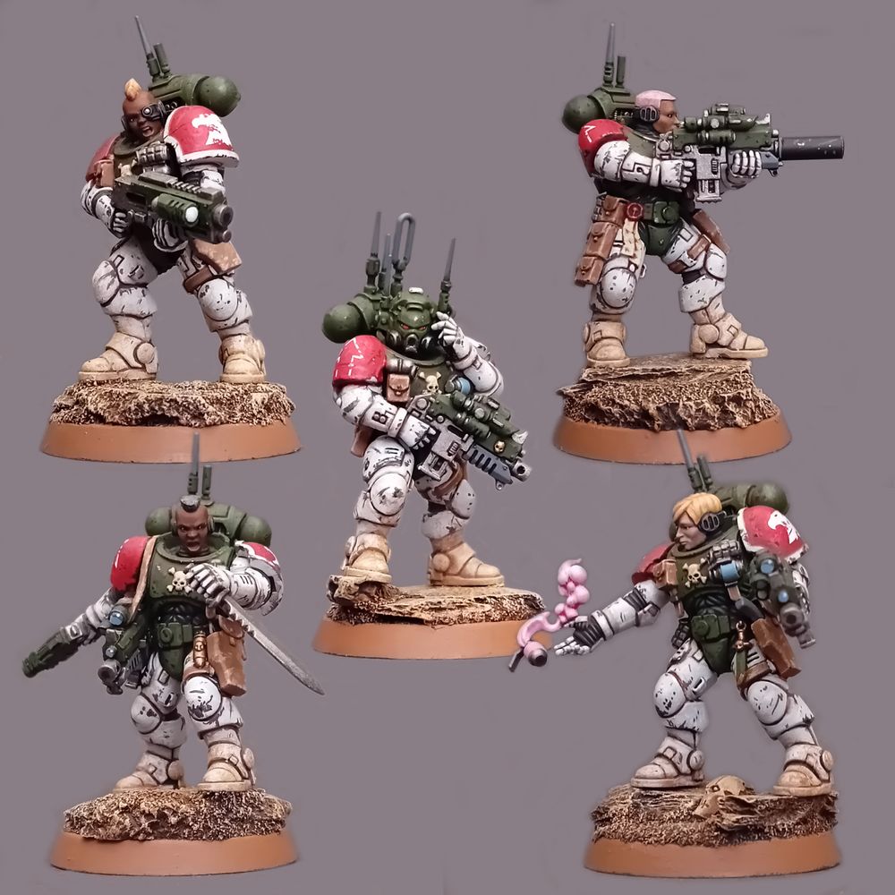 Five Female Space Marines of the Mentor Legion in scuffed-up power armour. Their colours are dark green torsos, white limbs, and red shoulder pads.
Top left, Trooper with a shotgun.
Top right, Trooper with a silenced bolter.
Bottom right, Trooper with a bolter dropping a pink smoke grenade.
Bottom left, Trooper with a bolt pistol and combat knife.
Centre, Comm Specialist with bolter and combat uplink.