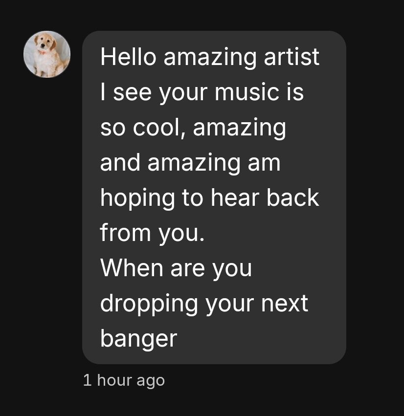 A bunch of text next to a cute puppy avatar, "Hello amazing artist I see your music is so cool, amazing and amazing am hoping to hear back from you. When are you dropping your next banger" Yeah, that's a scammer.