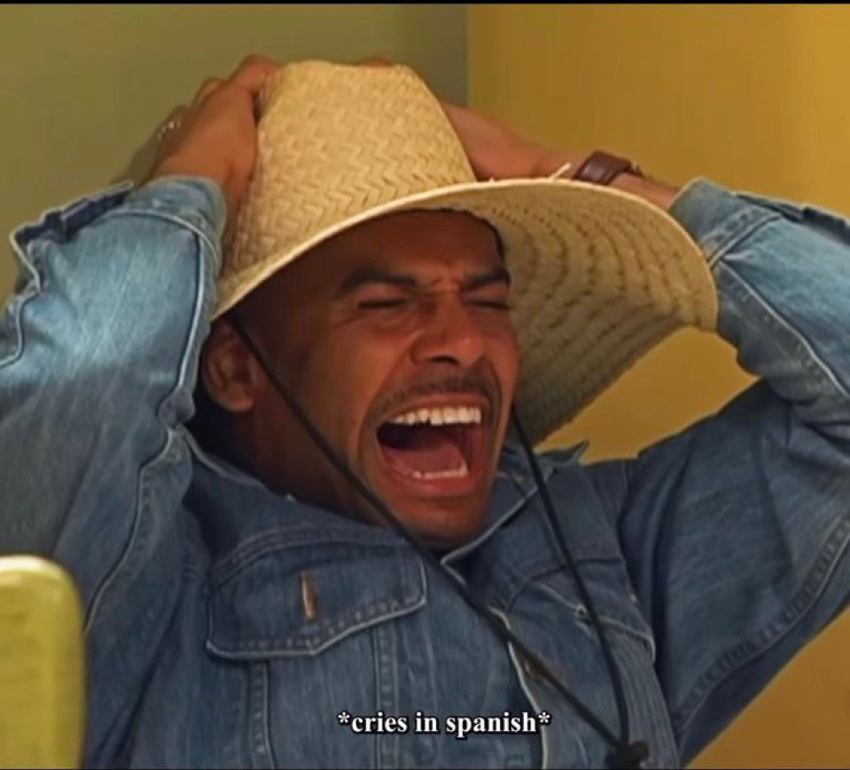 Zack Fox, looking anguished, the caption says “cries in Spanish” 