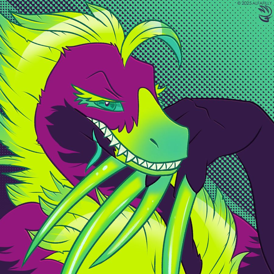 A digital bust shot of a therizinosaurus oc that is brightly neon colored. She's looking at the viewer mischieviously 