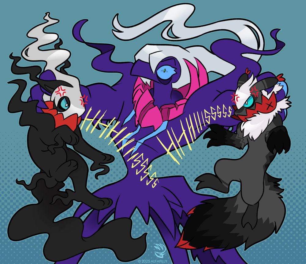 digital drawing of a shiny darkrai pokemon oc breaking up a fight between two fusion ocs, an eevee/Darkrai and a Slugcat/Darkrai