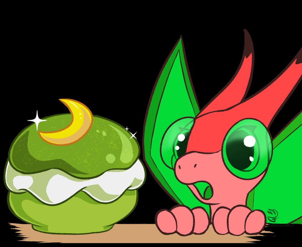 A Flygon OC looking at a delicious poke puff with big ole eyes!