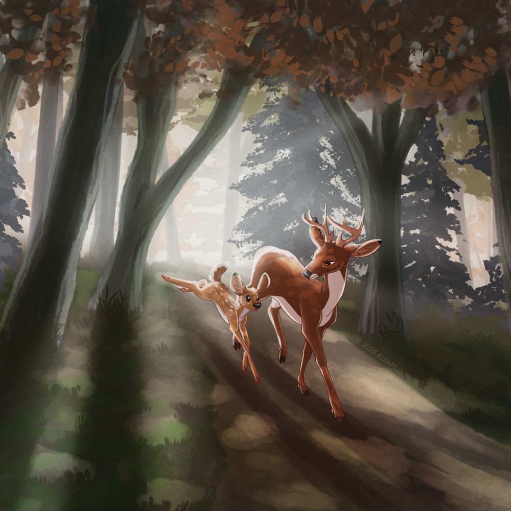 a digital painting of a doe with antlers casually walking in a sunlit forest as her fawn runs along beside her