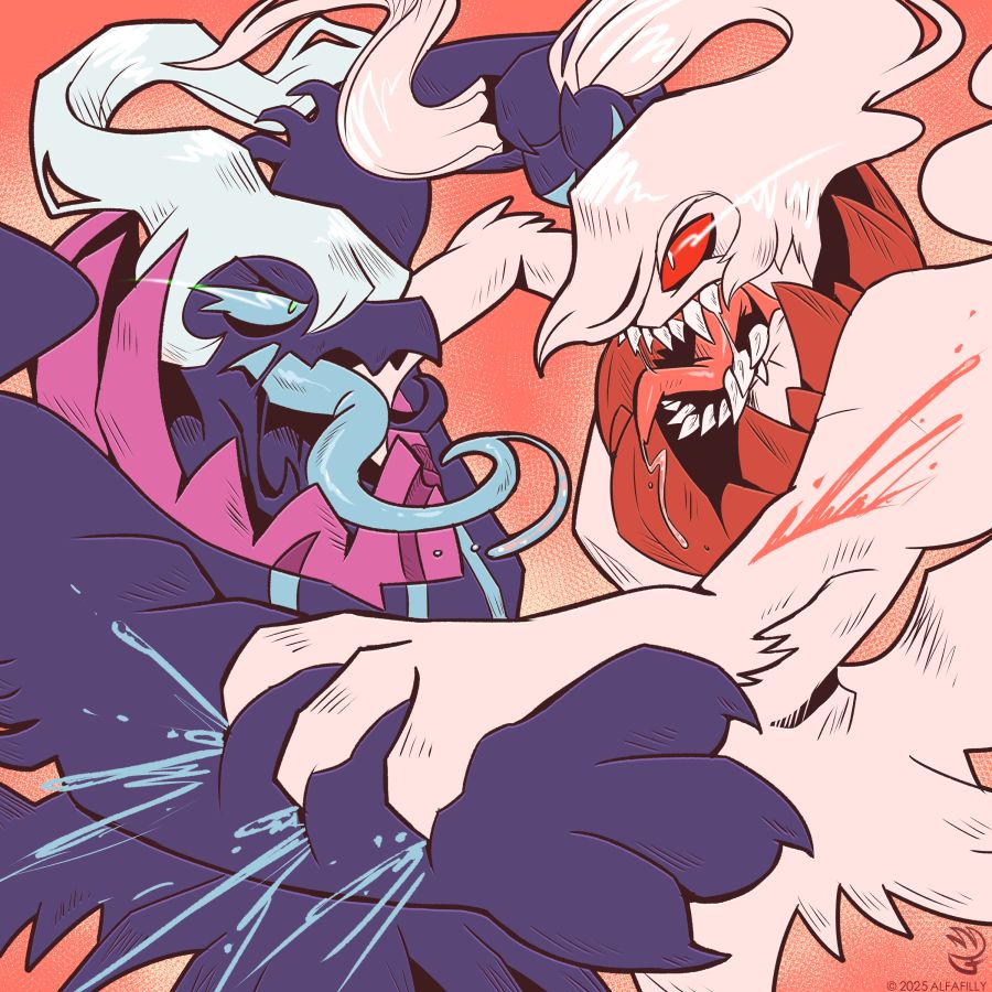 digital drawing of two darkrai ocs fighting. They both have weird mouths and are kicking each others asses