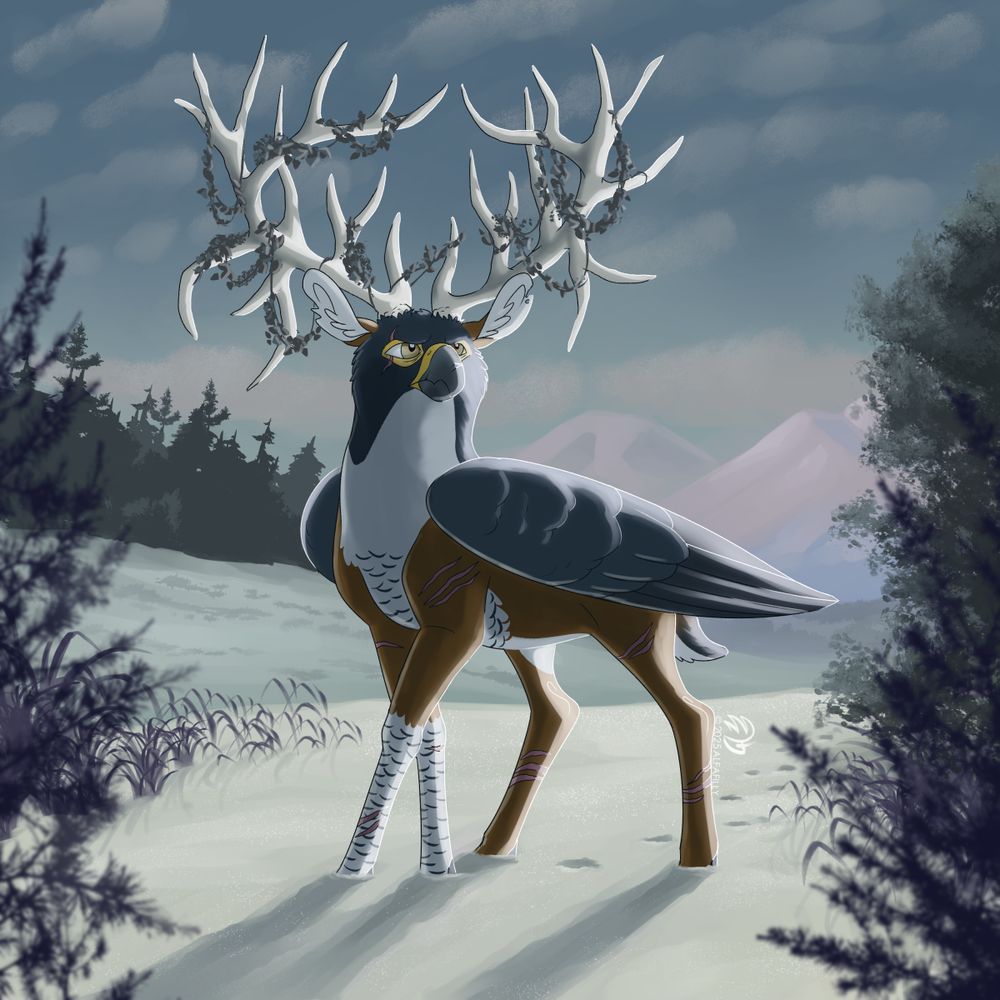 A digital painting of a peryton (deer, falcon) character posing in the snow. He has a massive pair of antlers wrapped in vines