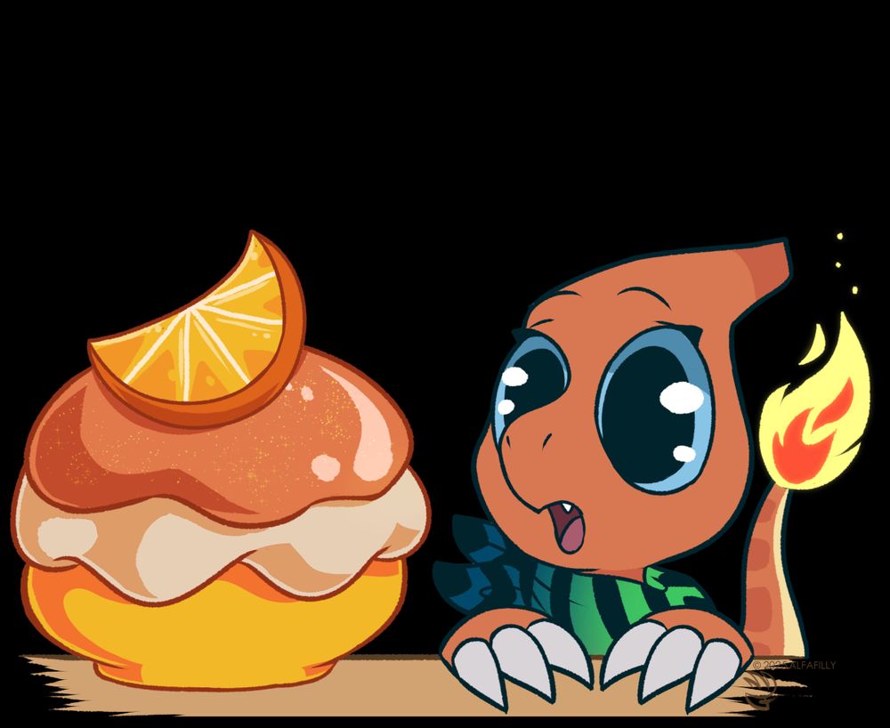 A charmeleon OC looking at a delicious poke puff with big ole eyes!
