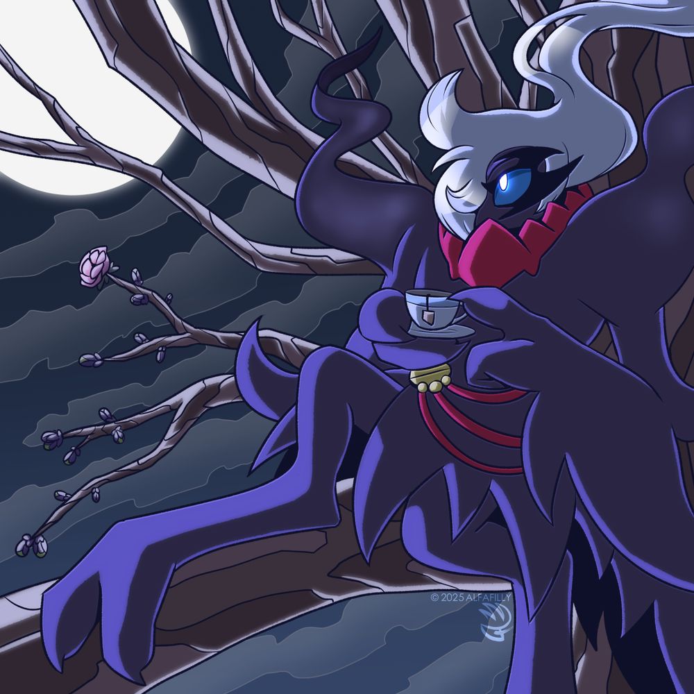 A digital drawing of a darkrai oc sipping a cup of tea while sitting up in a tree as the moon shines overhead and flower buds bloom on a tree branch