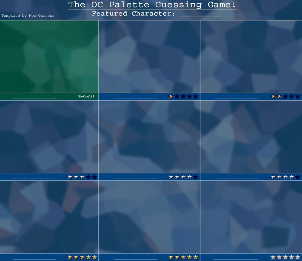 a template for the OC Palette Guessing Game. Empty cells are where the images go, character name in the header, cryptic titles under each image. The cells have been graded from easiest guess to hardest, going in western reading order (left-right scroll across each row going down the page)