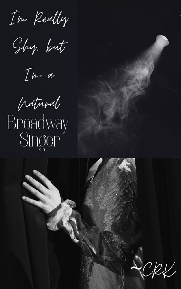 Cover image for I’m Really Shy but I’m a Natural Broadway Singer. Dark monochrome images of a costumed person holding a theatre curtain and a smokey spotlight shining over them