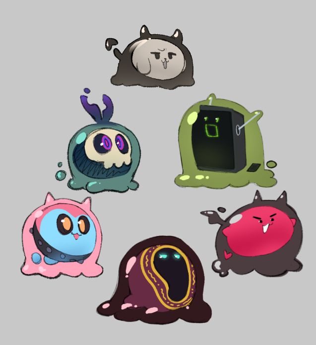 Boogers are critters created by ZiggXagg that are embodiments of people in it's community. There are six Boogers compiled on a grey background. From top down, left to right: Eelsoup, Zambiie, UrPalSal, Vanillycake, Scrivener and Manda. These are people Zigg loves very much!